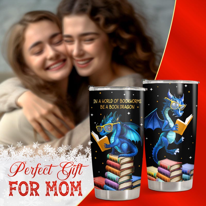 34HD Book Dragon Tumbler with Lid, 20oz Stainless Steel Vacuum Insulated Dragon Coffee Mug, Book Lover Gifts for Birthday Christmas Back To School, Bookworm Gifts for Women, Bookish Items - Image 5